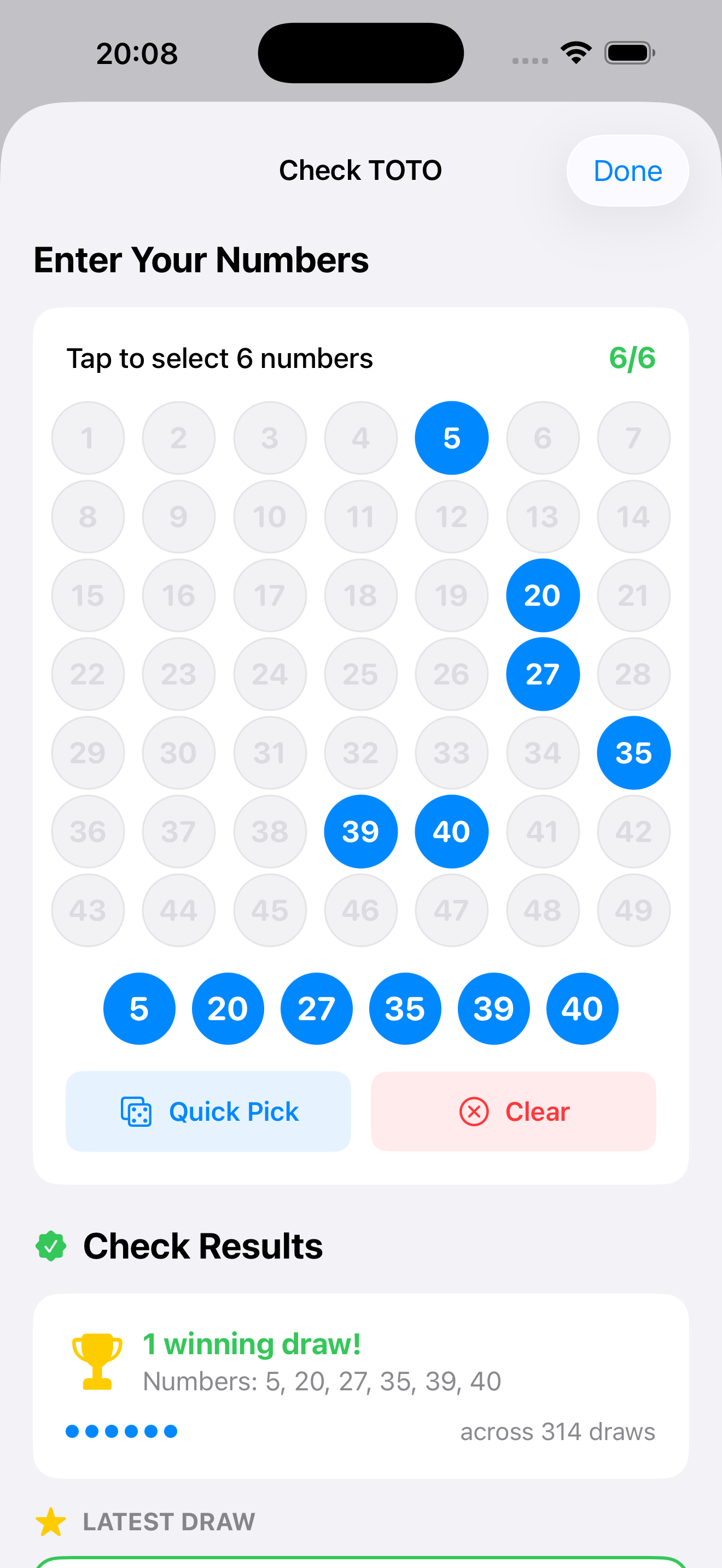 Check Numbers - Check your numbers against draws