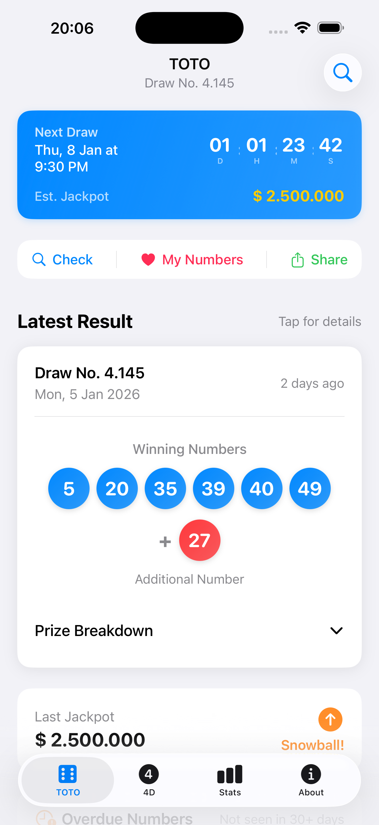 TOTO Results SG - Main screen showing latest TOTO draw results with winning numbers and jackpot